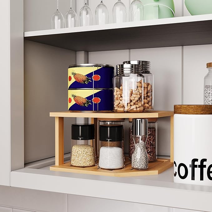 VERTORGAN 2 Tier Bamboo Plate Organizer,Corner Shelf for Kitchen | Pantry Storage,Dish Rack,Spice Rack,Corner Organizer,Kitchen Counter Shelves,Kitchen Storage,Holds Plates - Image 2