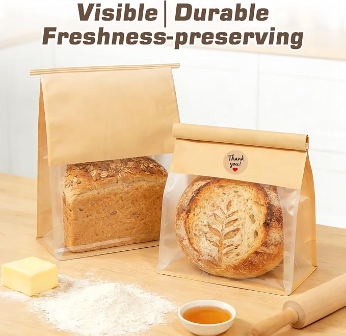 60 Count Bread Bags, Heavy Duty Kraft Bags with Tin Tie Tab Lock & Clear Window 11"x8.7"x4.3", Bakery Storage Bags with 72 Handmade Stickers - Image 4
