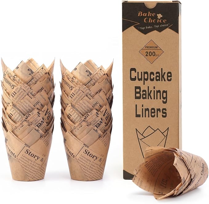 Bake Choice 200pc Standard Tulip Cupcake Liners for Baking, Newspaper Print | Tulip Muffin Liners, Non Stick, Grease Resistant Cupcake Wrappers for Party, Christmas by BakeChoice