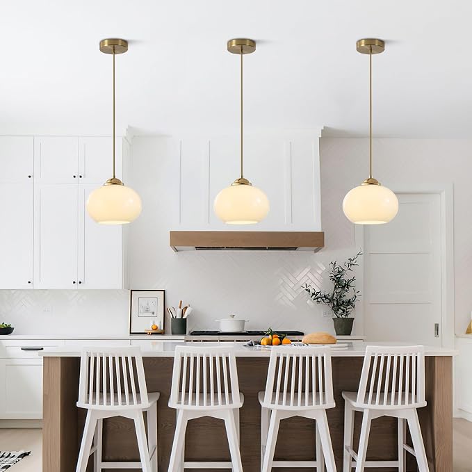 KCO Lighting 1-Light Globe Pendant Light Mid Century Modern Pendant Lighting White Glass Hanging Light Fixture Brushed Brass Chandelier Adjustable Light for Dining Room Living Room Bedroom Kitchen - Image 4