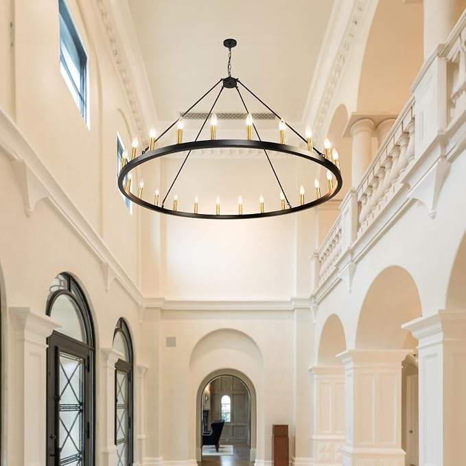 WJShome 24-Light Wagon Wheel Chandelier Farmhouse, 54" Extra Large Chandeliers for High Ceilings, Round Chandeliers for Dinning Room, Entryway, Foyer, Living Room（Black & Gold） - Image 7