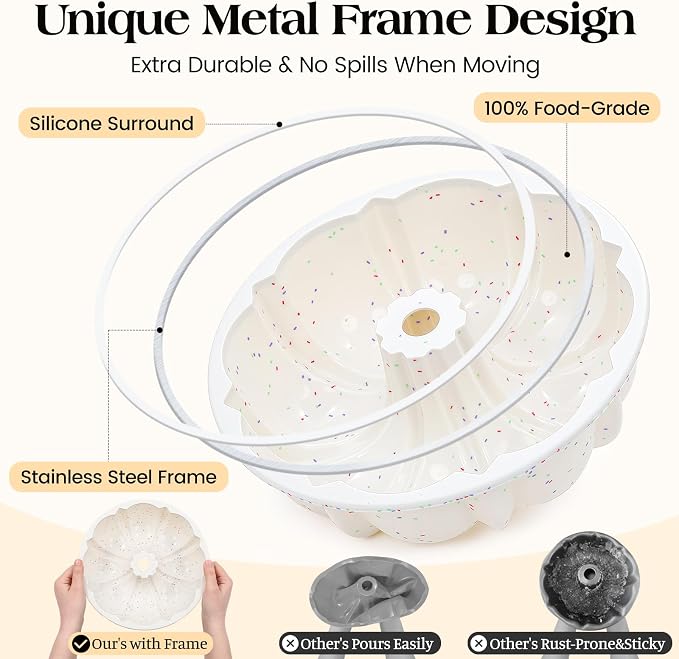Vinino 9.5 Inch Fluted Tube Cake Pan with Metal Frame, 1 Pack | Classic Pound Cake Mold for Homemade Baking, Perfect for Bread, Jello, Gelatin & Flan, Nonstick Surface for Easy Release - Image 2
