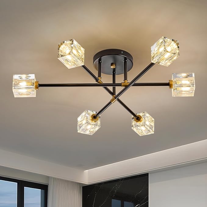 Black Gold Crystal Semi Flush Mount Ceiling Light Fixture Industrial 26" Sputnik Chandeliers 6 -Light Modern Chandelier for Foyer Entryway Kitchen Bedroom Living Room Dining Room by PoemoonLighting