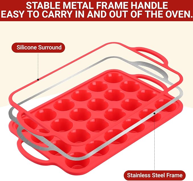 Redfly Silicone Mini Muffin Pans for Baking 24 Cup with Steel Frame Non-Stick,2Pack Small Cupcake Pan, Food Grade, Easy Release,Dishwasher Oven Freezer Microwave Safe for Muffin Tin Cake Pop Molds - Image 2
