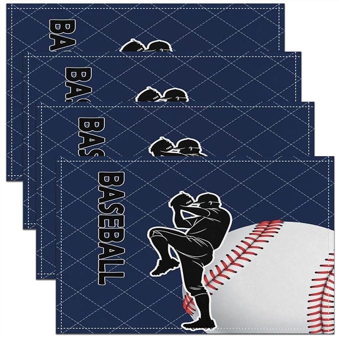 Feelyou Baseball Placemats Set of 4 18"x12" Navy Blue Baseball Table Place Mats, for Kids Boys Girls Teens Baseball Player Placemat for Kitchen Dining Table Decor Indoor Outdoor Set Ball Sport by Feelyou