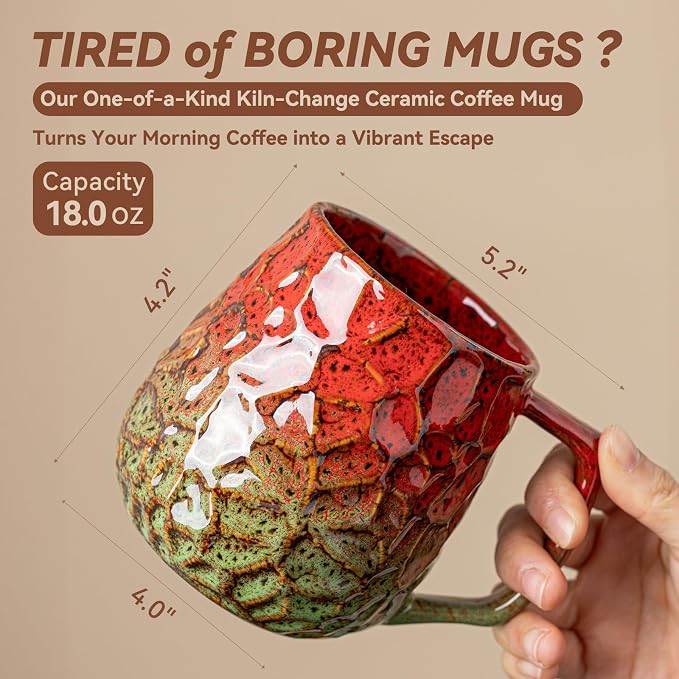 18oz Unique Red & Green Kiln-Change Ceramic Coffee Mug, Handcrafted Hammered Texture Ceramic Mug with Ergonomic Handle, Microwave & Dishwasher Safe, Gift for Coffee Lovers, Home Office Daily Use - Image 3