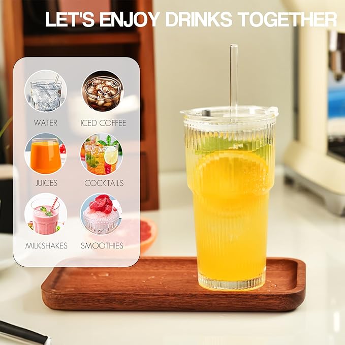 Haundry 20 oz Ribbed Glass Tumbler with Lids and Straws, 4 Pack Iced Coffee Cups, Thickened Glassware Set, Ripple Design Glass Cups for Coffee, Soda, Smoothies, Cocktails and Juice