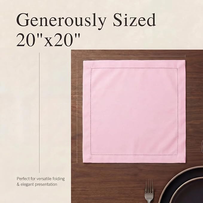Urban Villa Hemstitch Cloth Dinner Napkins Cotton 20”x20” (Set of 12)-Pink - Image 6