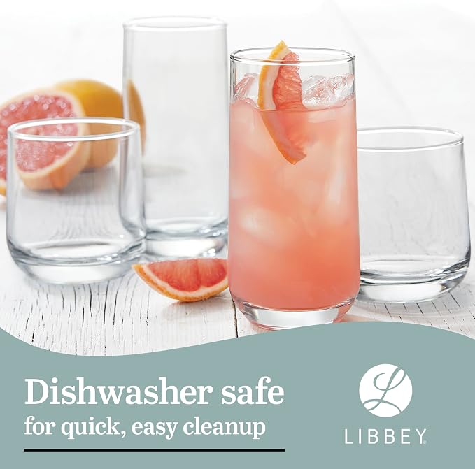 Libbey Ascent Tumbler & Rocks Drinking Glasses Set of 16, Clear Glass Cups | 16.25 oz & 12.25 oz Capacities Glasses for Water, Juice, Cocktails, and More with Curved Design and Dishwasher-Safe Care - Image 5