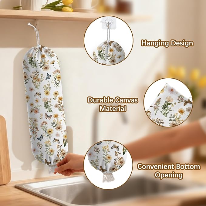 Plastic Bag Holder Butterfly Floral Bag Holder Dispenser, Plastic Grocery Bag Organizer & Wall Mount Paper Trash Bags Saver Storage for Kitchen Home Pantry Decor, Shopping Bags Storage Dispenser - Image 3