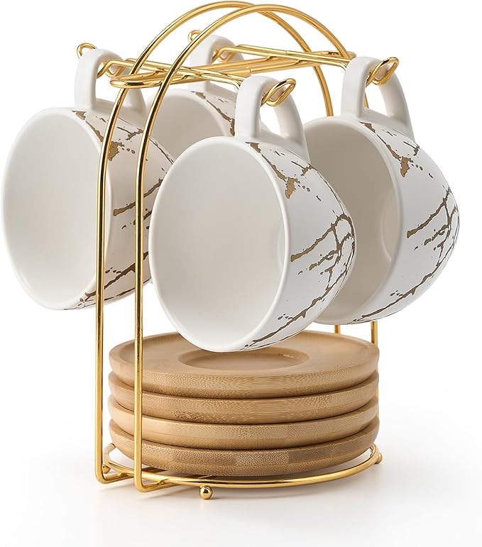 LUKA Ceramic Demitasse Espresso Cups Set with Saucers and Metal Stand, 8 oz Porcelain Stackable Cappuccino Cups Teacup For Tea, Espresso, Latte, Coffee, Cafe Mocha, Set of 4, White