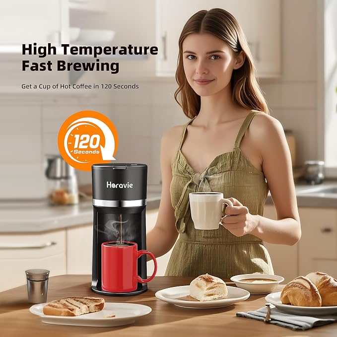 Horavie Small Single Serve Coffee Maker for K Cup and Grounds, Fast Brew One Cup Coffee Machine with One Button, 6 to 12 oz. Brew Sizes, Perfect for Home and Travel, Black - Image 4