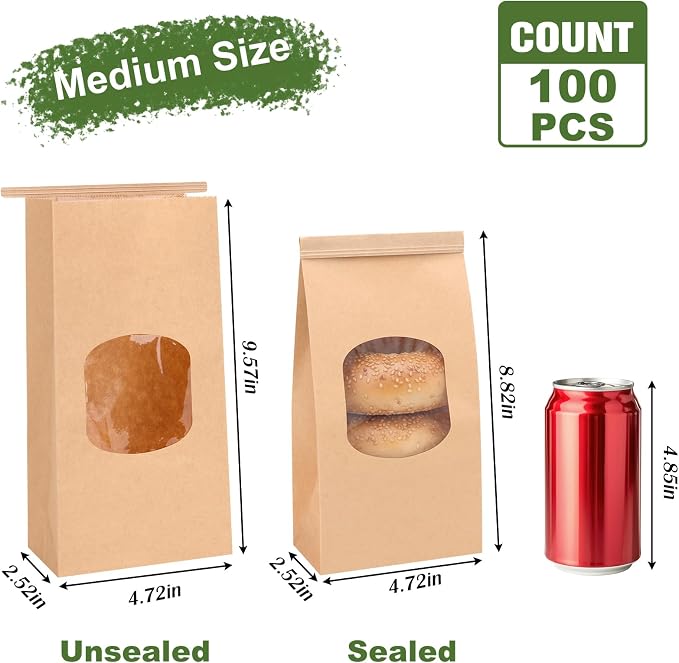 Moretoes 100pcs Medium Bakery Cookie Bags with Window, 4.5x2.36x9.6In | Brown Kraft Paper Cookie Bags with Seal, Seal by Tin Tie Tab, for Cookie Coffee Bread Pastry Bakery Gift Giving Packing - Image 6