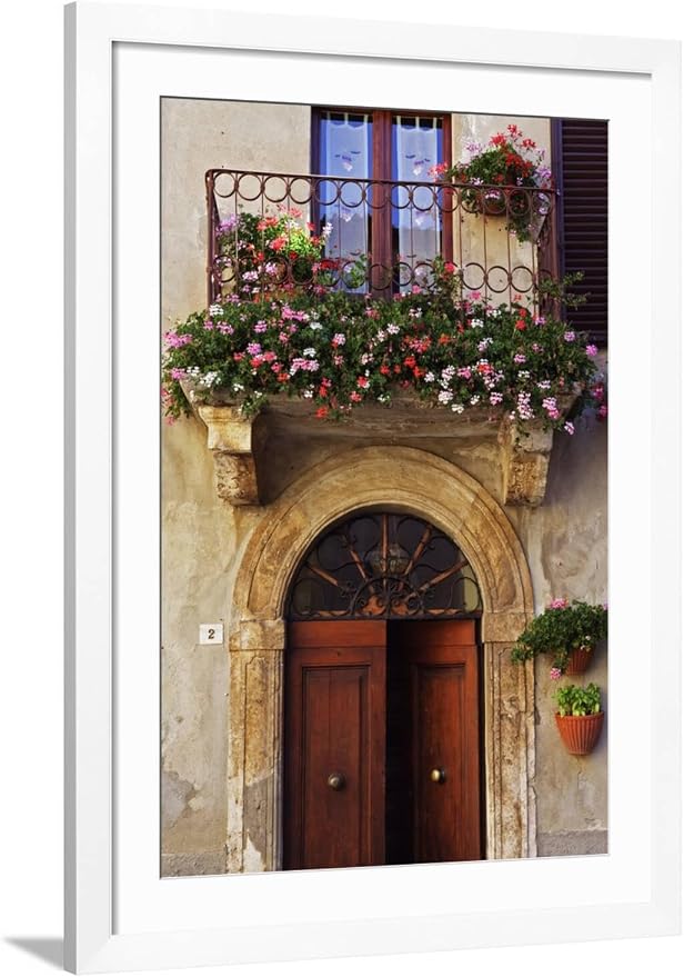 ART.COM Wall Photo Balcony Flowers and Doorway in Pienza Tuscany Italy on White Frame by Julian Castle, 32" x 44" by ART