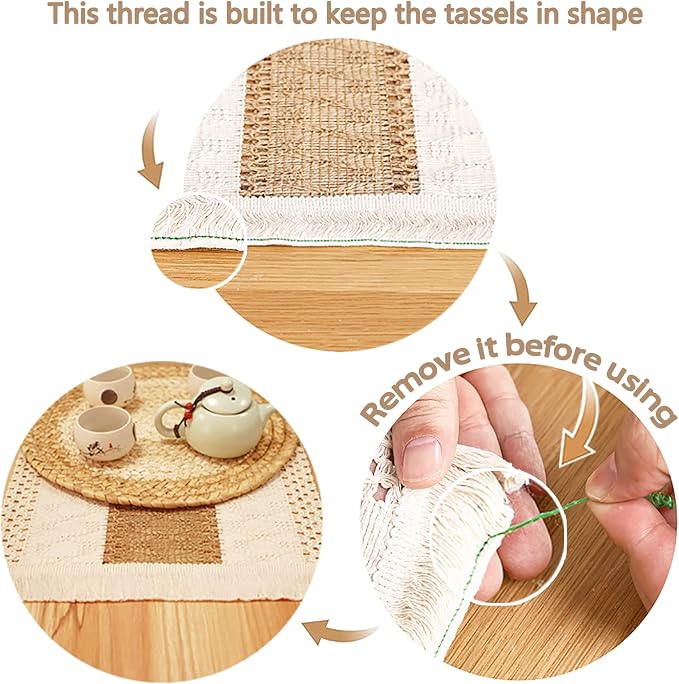 Handmade Boho Placemats Set of 4 - Natural Cotton Burlap and Water Straw Woven Combination Table Mats, Macrame Décor and Farmhouse Style Placemats, for Dining Table Kitchen - Image 5