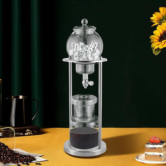Metal Cold Brew Drip Tower, Clear+Silver Ice Cold Drip Tower 6-8 Cups 600ml -20-150°C Temperature Range With Slow Drip TechnologyIBamboo Straight Frame for Home Office Drip Coffee Maker