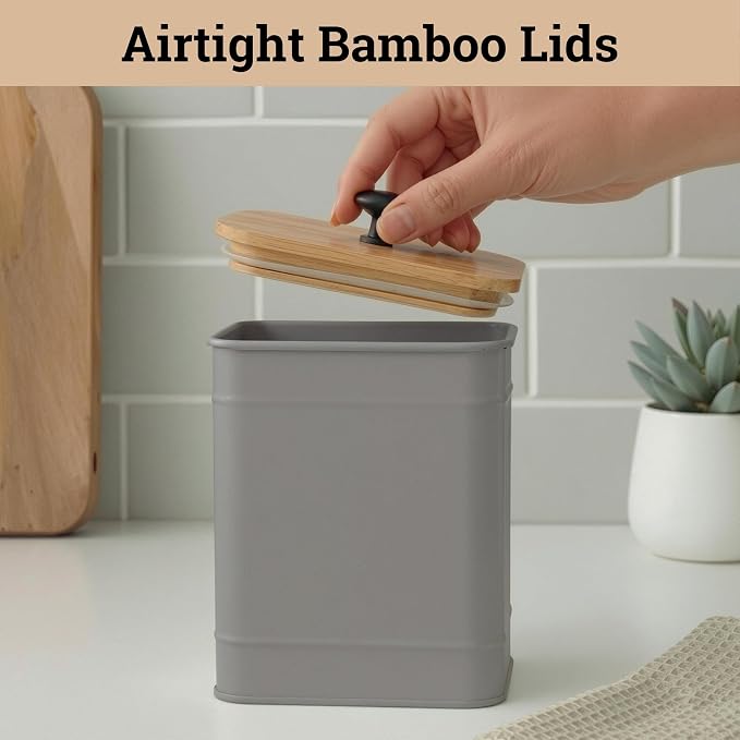 Kitchen Canisters for Countertop Set of 4 w/ Chalkboard Labels & Marker Pen | Airtight Easy Open Bamboo Lids, Dent-Resistant Thick Metal, Customizable Chalkboard Labels, Marker Pen Included, Set of 4 - Image 4