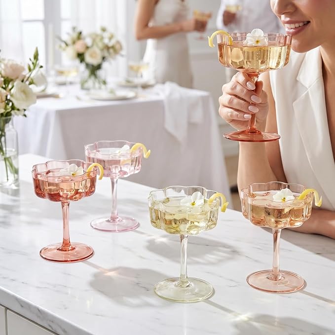 Summer Flower Scalloped Vintage Wavy Petals Wave Glass Coupes 7oz Colorful Martini, Champagne & Cocktails, 5 Set Colored Rippled Champagne Glasses, Elegant Bar Glassware, Aesthetic Coupe Glassware - Image 7