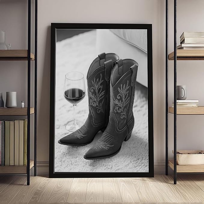 UXCBIA Cowboy Boots And Red Wine, Western Aesthetic, Black And White, Modern Fashion Poster Canvas Poster Bedroom Decor Sports Landscape Office Room Decor Gift Black Frame 08x12in(20x30cm) - Image 4
