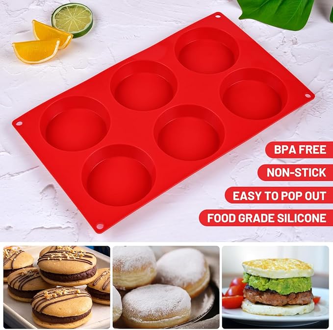 CAKETIME Muffin Top Pan, Silicone Egg Molds for Breakfast Sandwiches 3 Inch Round Egg Baking Pan for Oven English muffins, Whoopie Pies, Corn Bread, bites, Tarts 2 Pack Red
