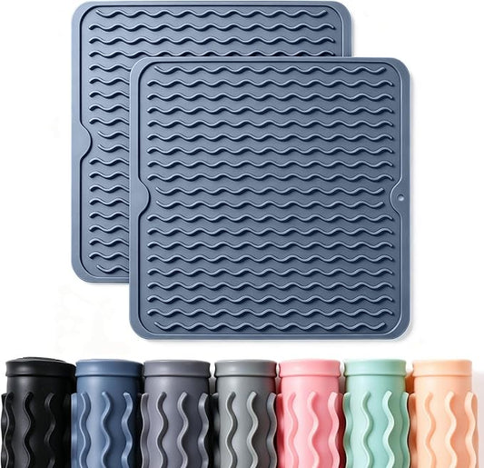 2 Pack Caketime Silicone Dish Drying Mat for Kitchen Counter Multiple Usage for Baking Cooking Grilling Under Sink Office Coffee Accessories Apartment Appliances Pioneer Woman Stuff 12"x12" Blue by CAKETIME