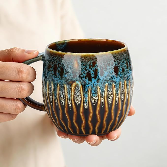 20oz Large Ceramic Coffee Mugs Unique Big Pottery Coffee Mug Microwave Safe Cool Stoneware Cups for Tea Latte Oversized Mug With Handle for Home Blue Wide Clay Mugs for Men Fancy Handmade Ceramic Cup by Unknown