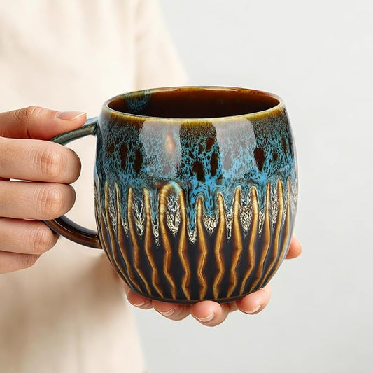 20oz Large Ceramic Coffee Mugs Unique Big Pottery Coffee Mug Microwave Safe Cool Stoneware Cups for Tea Latte Oversized Mug With Handle for Home Blue Wide Clay Mugs for Men Fancy Handmade Ceramic Cup by Unknown