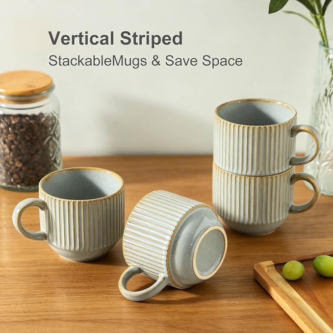 HASENSE Stackable Coffee Mugs, 15 Oz Ceramic Coffee Mugs with Stand, Vertical Striped Coffee Cups Set of 4 with Handle, Space-Saving Suitable for Kitchens and Coffee Nook, Blue-Gray - Image 3