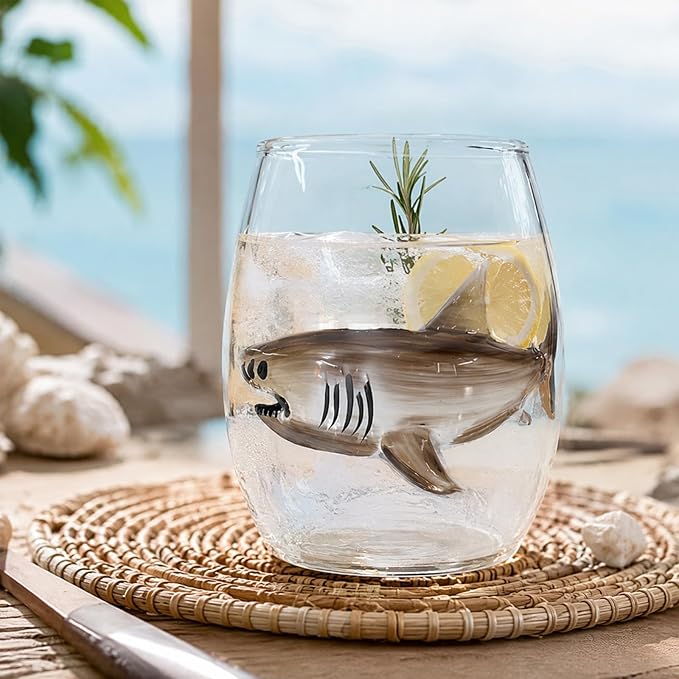 Handmade 3D Blue Ring Stemless Glass Wine Cup Ocean Bar(White Style 6) | 3D Sculpted Handmade Blue Ring Stemless Wine Glass Ocean Cup Handblown Glassware Ocean Lover Gift - Image 3