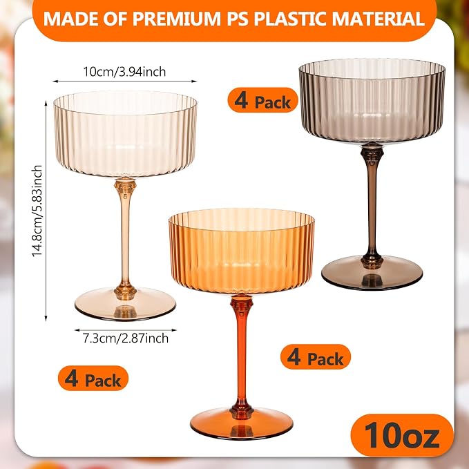 Jingmore 12 Pcs Ribbed Martini Glasses 10 oz Disposable Plastic Vintage Ribbed Coupe Glasses Unbreakable Dessert Parfait Glassware for Wedding Birthday Party Supplies (Thanksgiving Colors) - Image 2