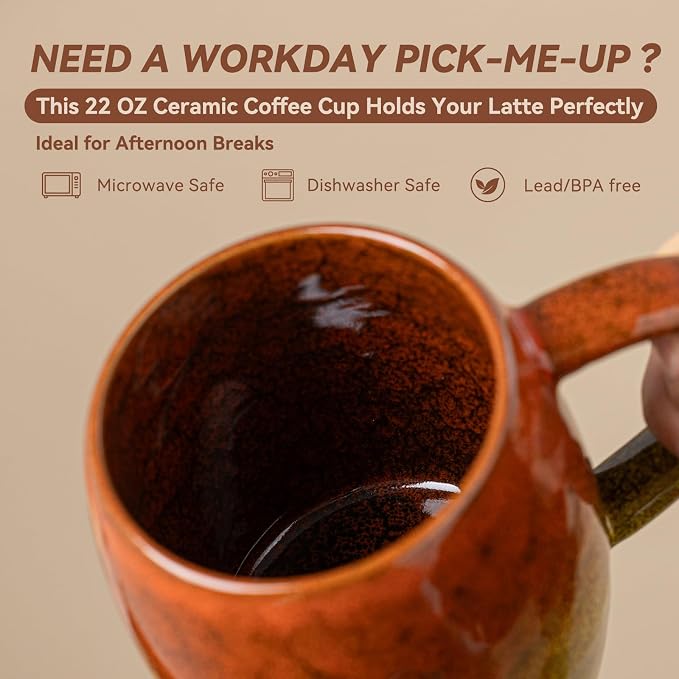Handmade 22oz Ceramic Coffee Mug, Ergonomic Large Handle, Ideal Gift for Coffee Lovers, Microwave & Dishwasher Safe (Minute-Orange&Yellow) - Image 3