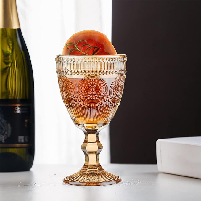 12 Pcs Vintage Wine Glasses, 10 Oz Colored Glass Water Goblets, Unique Flower Embossed Pattern High Clear Stemmed Glassware Wedding Party Bar Glass Drinking Cups Flower Amber Fancy Glasses Set of 12 - Image 2