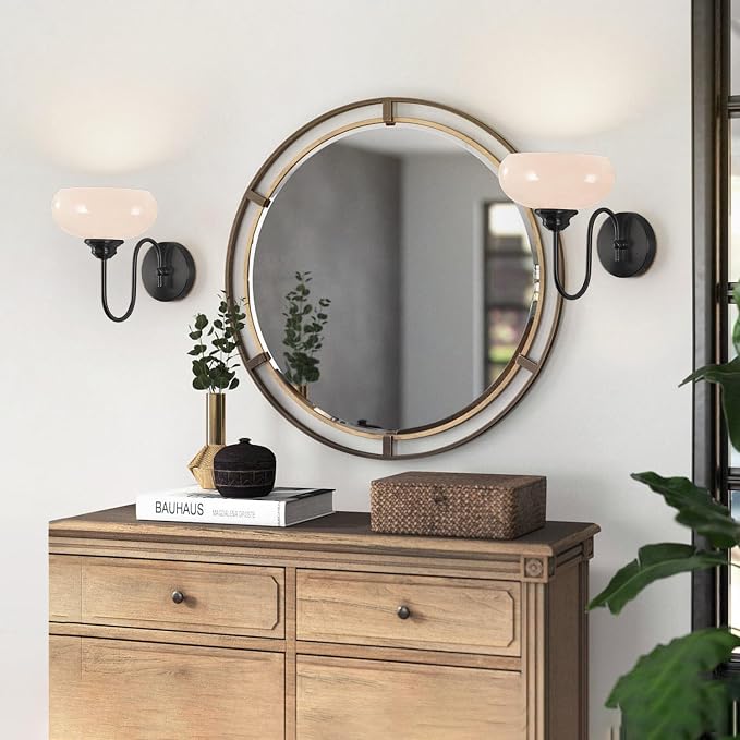 Modern Matte Black Wall Sconce Farmhouse 7.9" Milk White Glass Globe Wall Lamp for Industrial Style Hard-Wired Semi Flush Mount Wall Light Fixture for Stairway, Hallway, Bedroom - Image 8