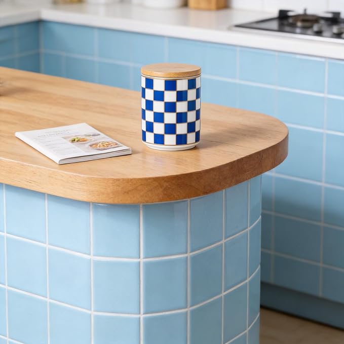 Kitchen Countertop Ceramic Checkered Canisters,Black And White Food Storage Containers With Lid,Airtight Kitchen Canisters for Flour, Sugar, Coffee, Tea, and Dry Goods (Blue, Small) - Image 7