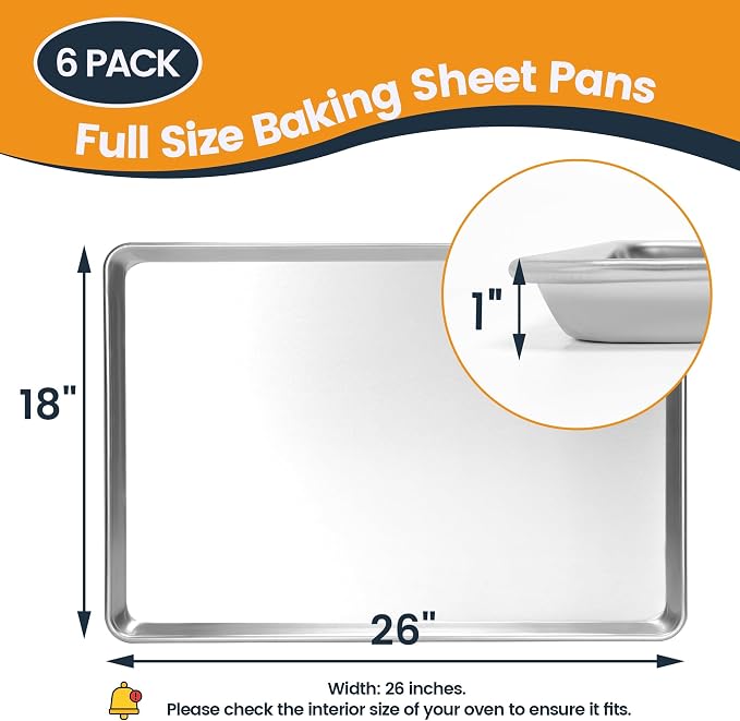6 Pack Full Size Aluminum Baking Sheet Pan, 26 x 18 in | NSF, Aluminum Commercial Cookie Sheets, Non-Stick, Oven Safe Up to 500℉ - Image 5