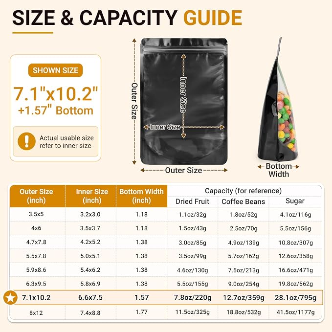 ANZNKU 100PCS Mylar Bags Resealable Large Smell Proof Bags(Black, 7.1x10.2) | Stand Up Foil Pouches Clear Window, Sealable Bags for Small Business Packaging Snack Party Favors Candy Treats Food Storage - Image 2