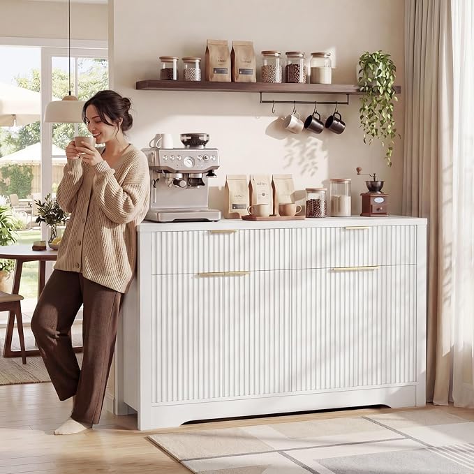 Cyclysio 55" Fluted Sideboard Buffet Cabinet with Drawers, White | Modern Accent Storage Console Table & Coffee Bar Station with Adjustable Storage Shelves for Dining Room, Kitchen, Entryway - Image 2