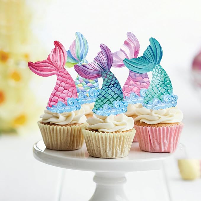 48Pcs Edible Mermaid Tail Cupcake Toppers Wafer Paper Mermaid theme Birthday Party Baby Showers Party Decoration - Image 2
