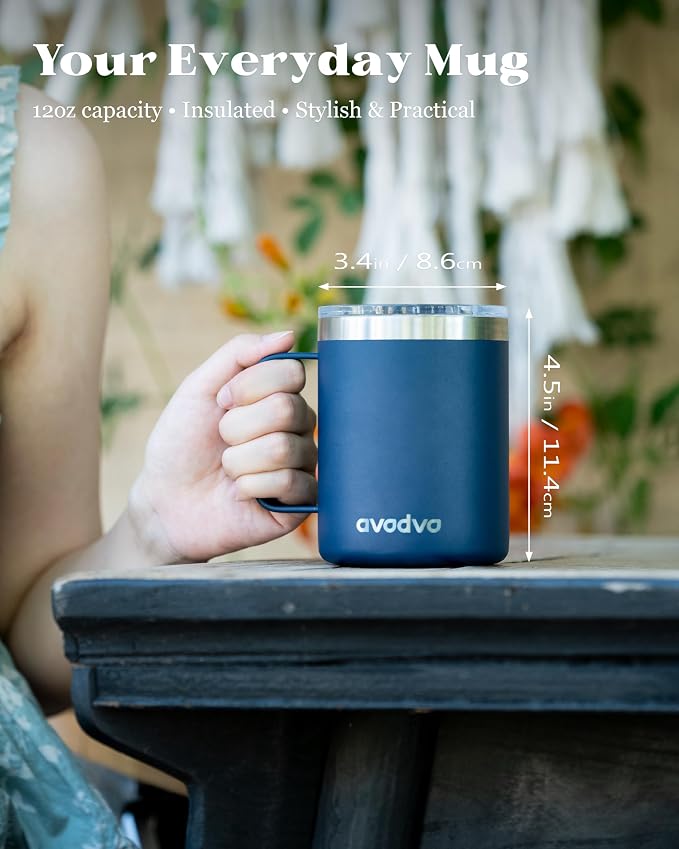 2 Pack 12oz Insulated Coffee Mug with Lids – Double Wall Stainless Steel Travel Cups with Handle, Keep Hot & Cold Drinks, Ideal Gift for Coffee Lovers, Home, Office & Camping, Navy Blue - Image 3