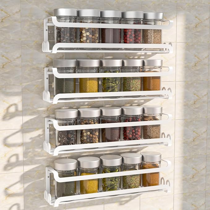 LUCYCAZ 4 Pack Wall Mounted Spice Rack for Kitchen Cabinet,RV,Camper,White | 16 Metal Hooks, Space-Saving,Screw or Adhesive Spice Shelf Hanging,for Pantry Door Spice Jars & Seasonings,11.41×2.75×2.36in by LUCYCAZ