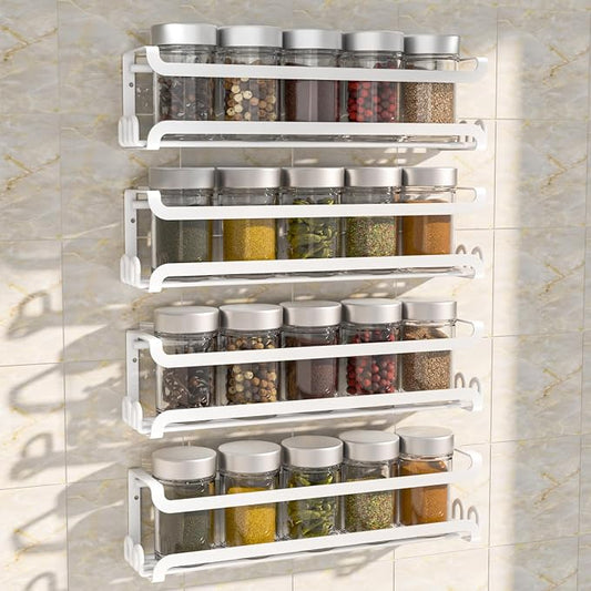 LUCYCAZ 4 Pack Wall Mounted Spice Rack for Kitchen Cabinet,RV,Camper,White | 16 Metal Hooks, Space-Saving,Screw or Adhesive Spice Shelf Hanging,for Pantry Door Spice Jars & Seasonings,11.41×2.75×2.36in by LUCYCAZ