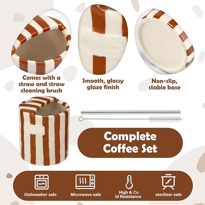 1 Pack Ceramic Coffee Mug with Sip Hole Espresso Cup 10oz with Straws Retro Hand Painted Striped Ceramic Iced Coffee Tea Travel Mug Latte Cup for Kitchen Dining (Simple,Brown) - Image 3