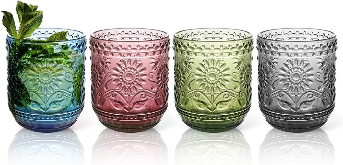 Topsky Vintage Drinking Glass Set of 4,12 oz Embossed Floral Drinkware Set,Colorful Drinking Glasses Cups Wine Glasses Colored Glassware for Whisky,Beer,Juice,Cocktail,Heavy Duty by HomeandKitchenNO1