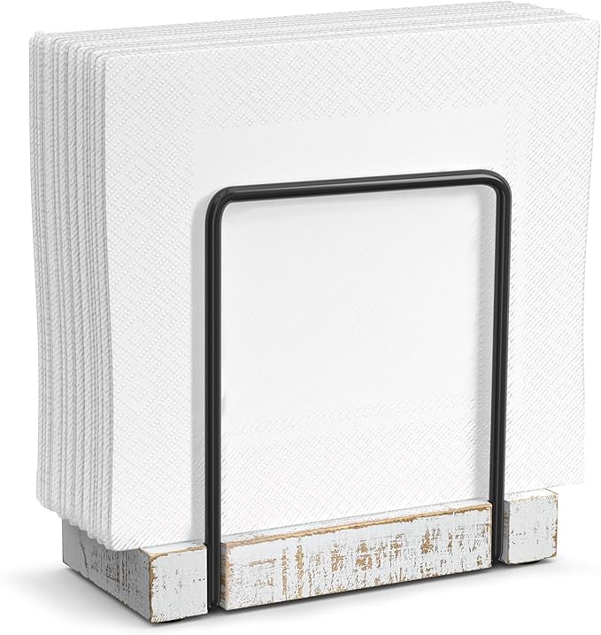 Wican Napkin Holder for Table, Wood Iron Standing Napkin Dispenser | Dining Table Farmhouse Cocktail Picnic Rustic Wood Holders, Suitable All Kitchen Dining Room Decor, Black & Farmhouse White by Wican