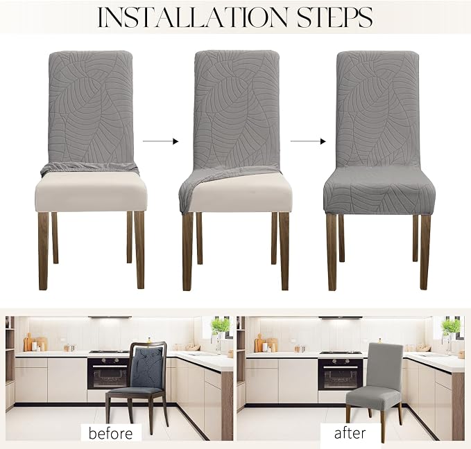 MOSAYT 100% Waterproof Dining Room Chair Covers Set of 4, Super Fit Stretch Jacquard Parson Chairs Slipcovers Removable Washable Chair Seat Protectors for Home, Kitchen, Banquet (Light Grey) - Image 5