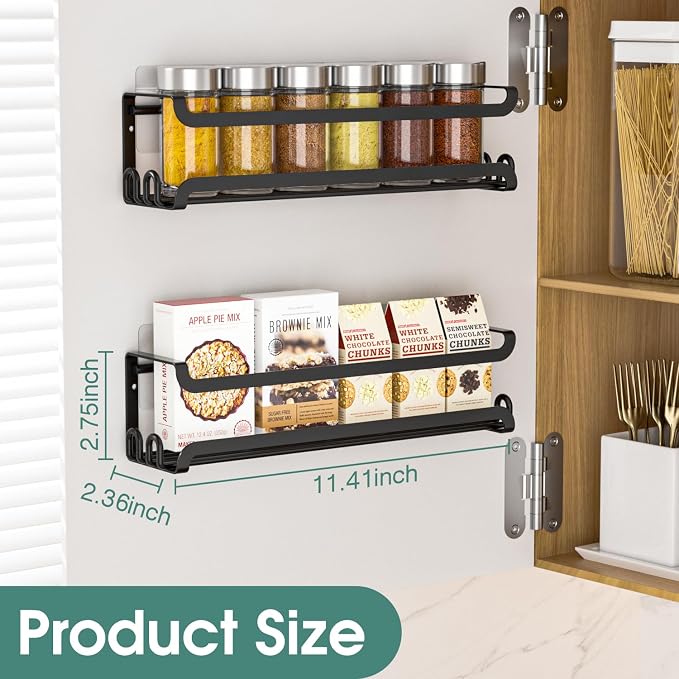 LUCYCAZ 2 Pack Wall Mounted Spice Rack for Spice Jars & Seasonings (Black) | 8 Metal Hooks, Space-Saving,Screw or Adhesive Spice Shelf Hanging,for Kitchen Cabinet,Pantry Door,RV,Camper Spice Orgnaizer - Image 3