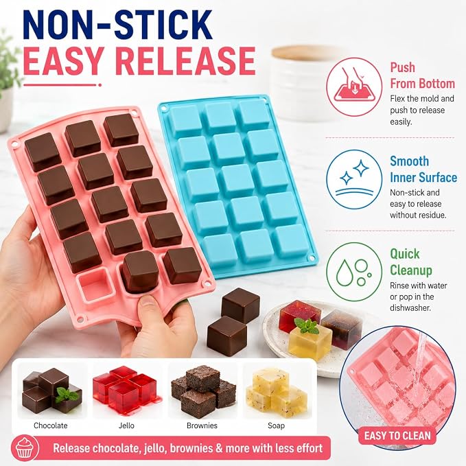 2 Pack Square Cube Silicone Mold, 30 Cavity 1.4" Food-Grade BPA Free Heat Resistant Baking Mold for Chocolate, Cake, Truffle, Jello, Brownie, Ice Cube, Soap - Image 5