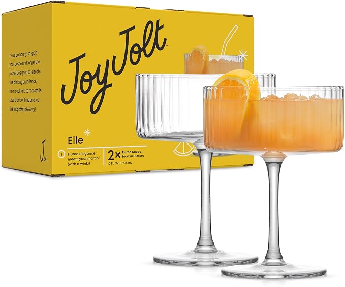 JoyJolt Elle Fluted 10oz Coupe Glass Set of 2, Unique Champagne Glasses for Cocktails and Martinis, Ribbed Vintage Style Drinking Glasses by JoyJolt