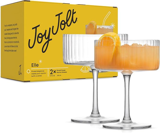 JoyJolt Elle Fluted 10oz Coupe Glass Set of 2, Unique Champagne Glasses for Cocktails and Martinis, Ribbed Vintage Style Drinking Glasses by JoyJolt