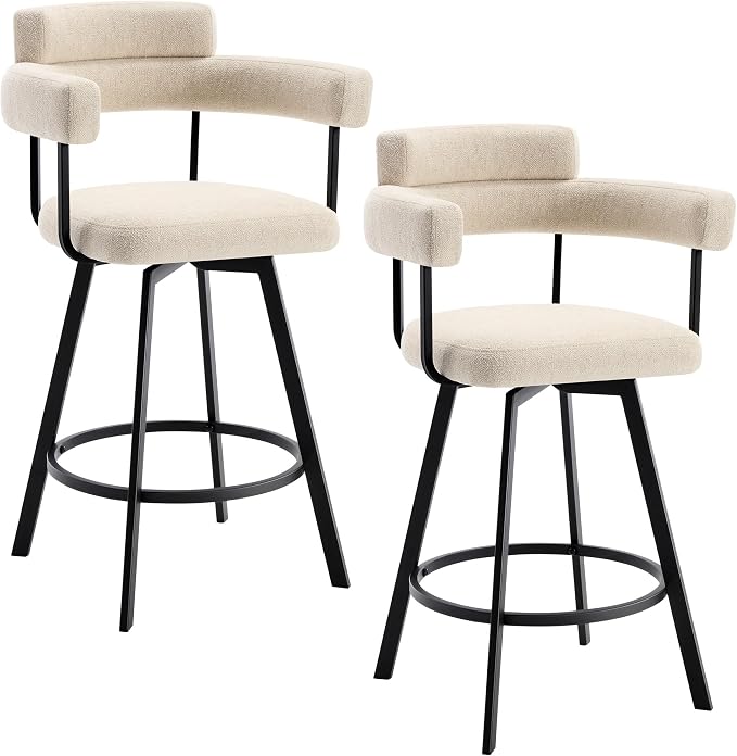 Flouki Swivel Bar Stools with Backs and Arms, Modern Bar Stools Set of 2 for Kitchen Island, 26" Upholstered Linen Counter Height Bar Stools for Kitchen Counter, Dining Room, Beige - Image 9